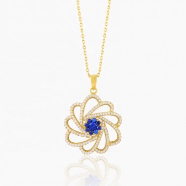 Luxury Elegant Design Yellow Gold Plated Sunflower Shape Sapphire Gemstone S925 Sterling Pendant Necklace Jewelry