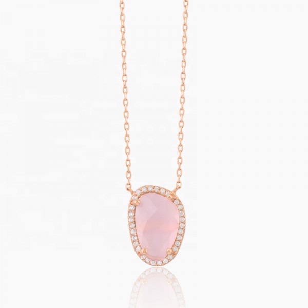 Fancy Design Style Geometry Pink Glass Stone Ice Out Small Zircon Stone S925 Sterling Silver Pendant Necklace Jewelry