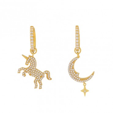 Fashion Design 18K Gold Plated Ice Out Zircon Stone  Asymmetric Animal Unicorn Moon Charm S925 Sterling  Hoop earrings