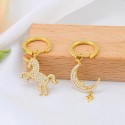 Fashion Design 18K Gold Plated Ice Out Zircon Stone  Asymmetric Animal Unicorn Moon Charm S925 Sterling  Hoop earrings