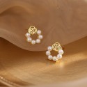 Korean Trendy Elegant Lady Hollow Rose Pearl Round Circle Stud Earrings For Fashion Sweet Cute Jewelry